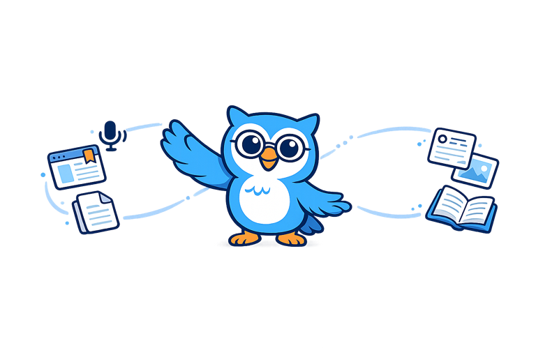 Kerni the owl mascot orchestrating the knowledge pipeline